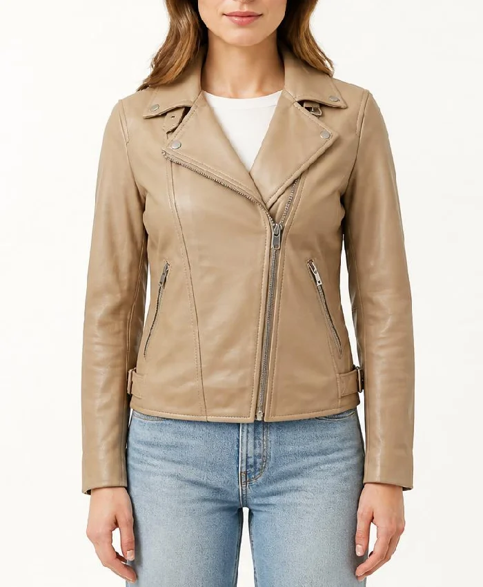 Stylish Beige Moto Leather Jacket For Womens