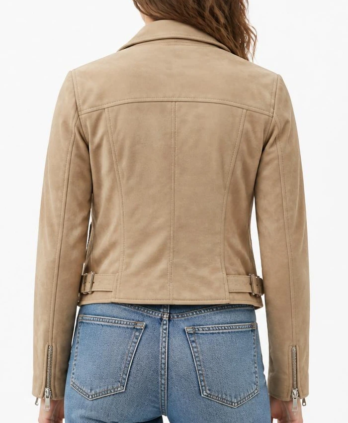 Suede Leather Beige Biker Jacket For Womens