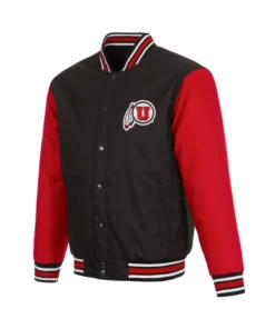 Utah Utes Black and Red Poly Twill Varsity Jacket