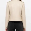 Women Beige Vintage Moto Leather Jacket with Lapel Collar