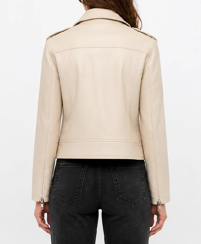 Women Beige Vintage Moto Leather Jacket with Lapel Collar