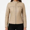 Women Dodge Beige Cafe Racer Leather Jacket
