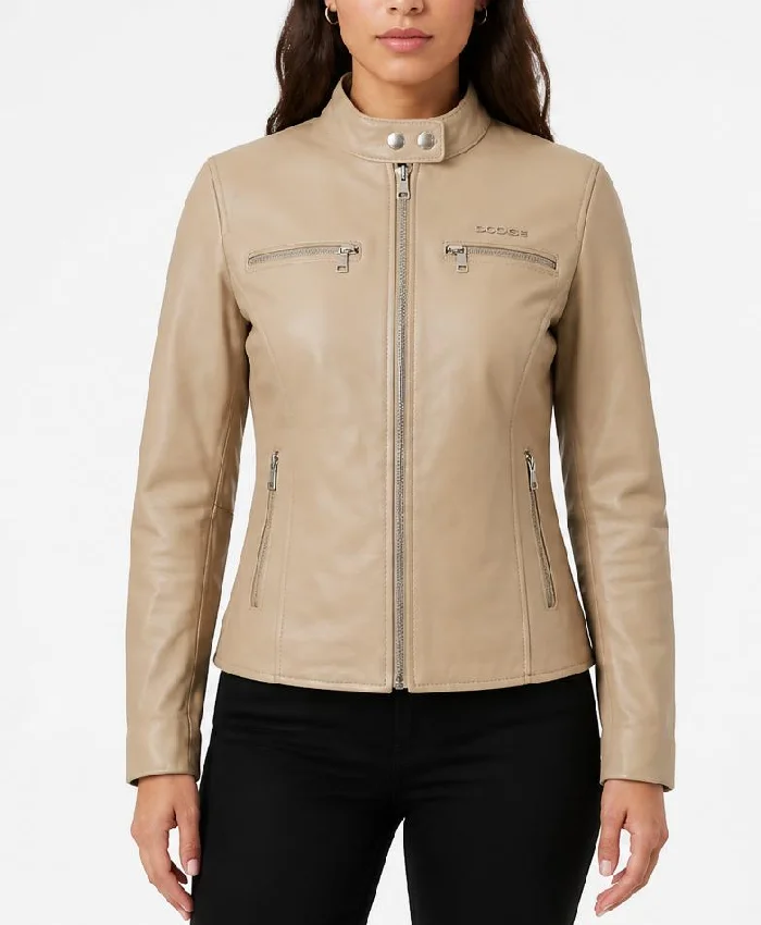 Women Dodge Beige Cafe Racer Leather Jacket