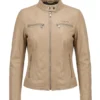 Women Dodge Cafe Racer Leather Jacket in Beige