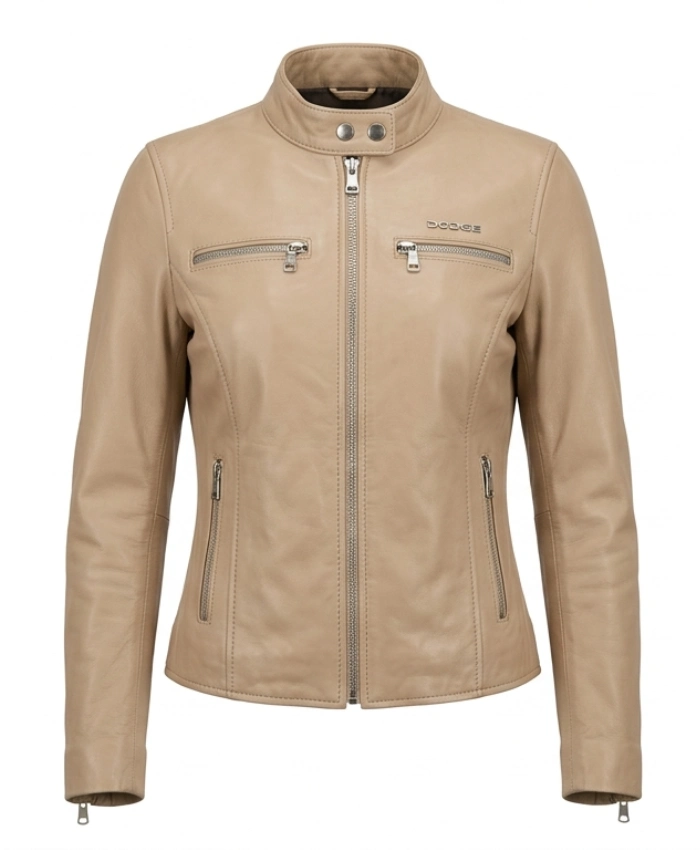 Women Dodge Cafe Racer Leather Jacket in Beige