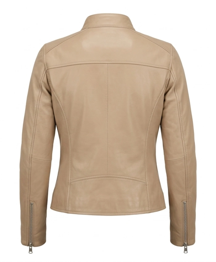 Women Dodge Cafe Racer Beige Leather Jacket