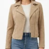 Women Suede Leather Beige Biker Jacket