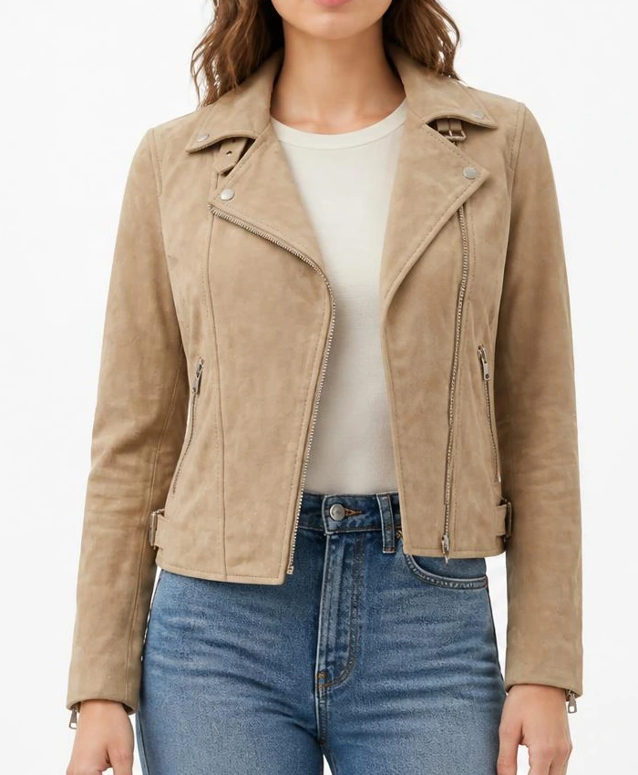 Women Suede Leather Beige Biker Jacket