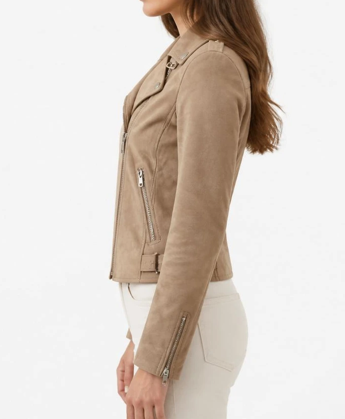 Womens Beige Biker Suede LeatherJacket