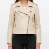 Womens Beige Vintage Moto Leather Jacket with Lapel Collar