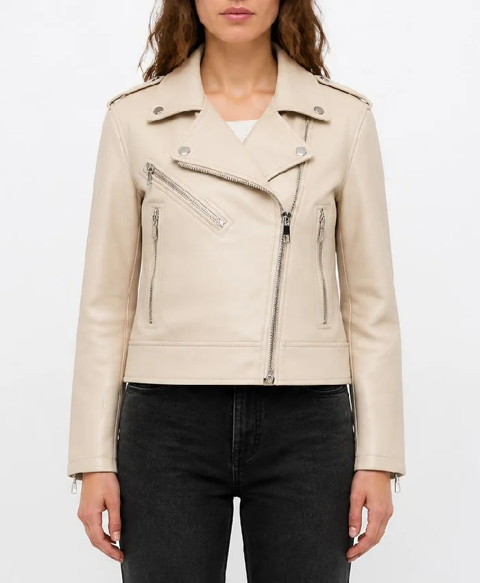 Womens Beige Vintage Moto Leather Jacket with Lapel Collar
