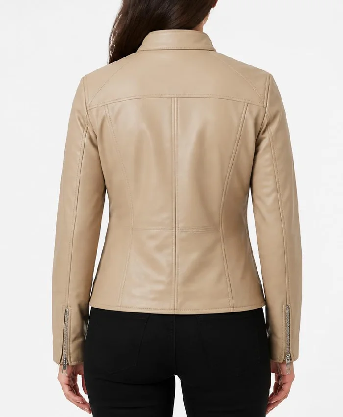 Womens Dodge Beige Cafe Racer Leather Jacket
