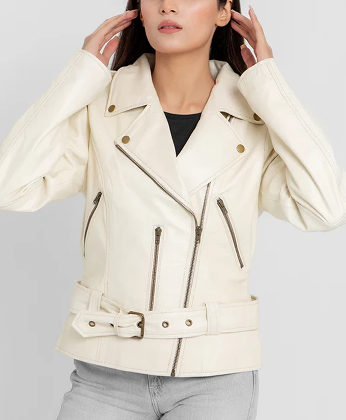 Women’s Riveted Beige Leather Biker Jacket