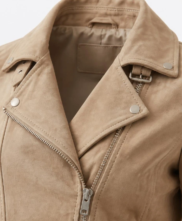 Womens Suede Leather Biker Beige Jacket