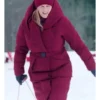 Alicia Silverstone Movie A Merry Little Ex-Mas 2025 Kate Holden Burgundy Hooded Puffer Coat