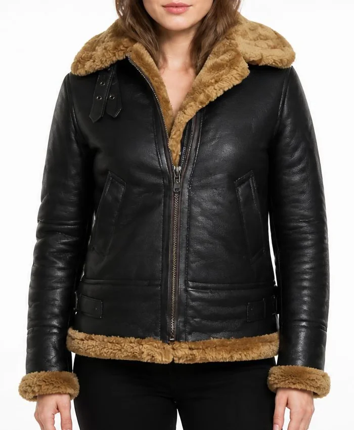Aviator Hooded B3 Shearling Bomber Jacket For Women