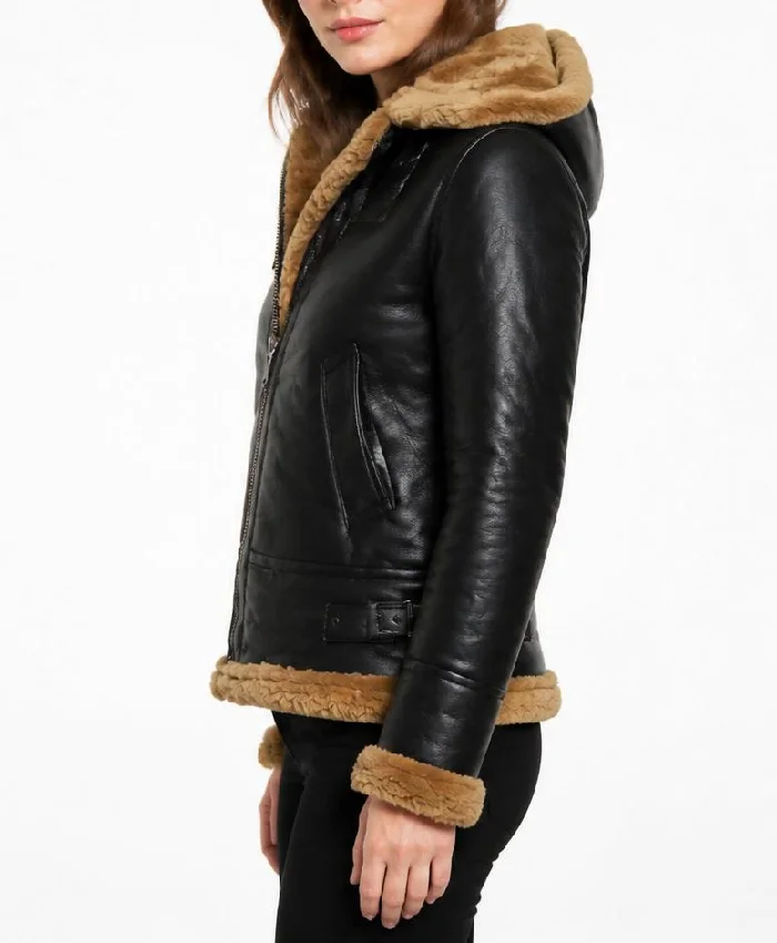 Aviator Hooded B3 Shearling Bomber Jacket Womens