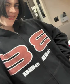Billie Eilish Glitter Pink BE Graphic & Checkerboard Back Print Black Zip Hoodie
