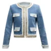 TV Series Owning Manhattan S2 Chloe Tucker Caine Embellished Chain-Trim Cropped Blue Denim Jacket