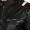 Classic Black Racer with Bold Red Stripes Jacket Close up