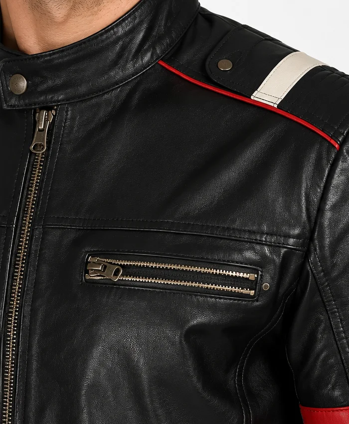 Classic Black Racer with Bold Red Stripes Jacket Close up