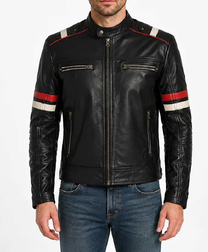 Classic Black Racer with Bold Red Stripes Jacket Front