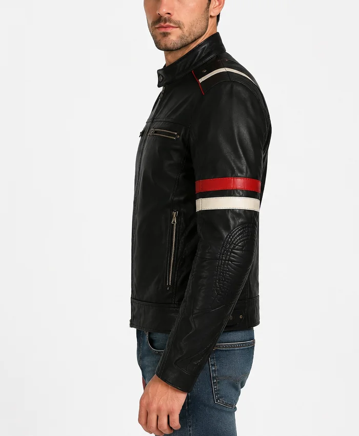 Classic Black Racer with Bold Red Stripes Jacket Side