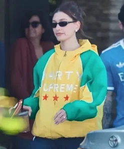 Hailey Bieber Yellow and Green Marty Supreme Brazil Jacket