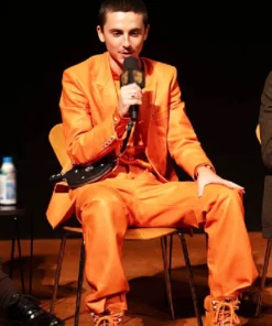 Timothée Chalamet LA Premiere of A24’s “Marty Supreme” Orange Leather Suit