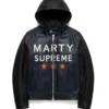 Marty Supreme Navy Hooded Faux Leather Jacket