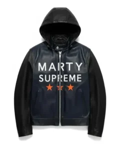 Marty Supreme Navy Hooded Faux Leather Jacket