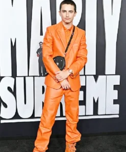 Los Angeles Premiere of A24’s “Marty Supreme” Timothée Chalamet Orange Leather Suit