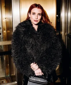 Emma Roberts Extremely Black Fluffy Fur Coat