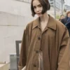 Lily Collins Austerlitz Train Station Oversized Cotton Brown Trench Coat