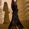 Shailene Woodley Fringed Hemline Long Black Coat