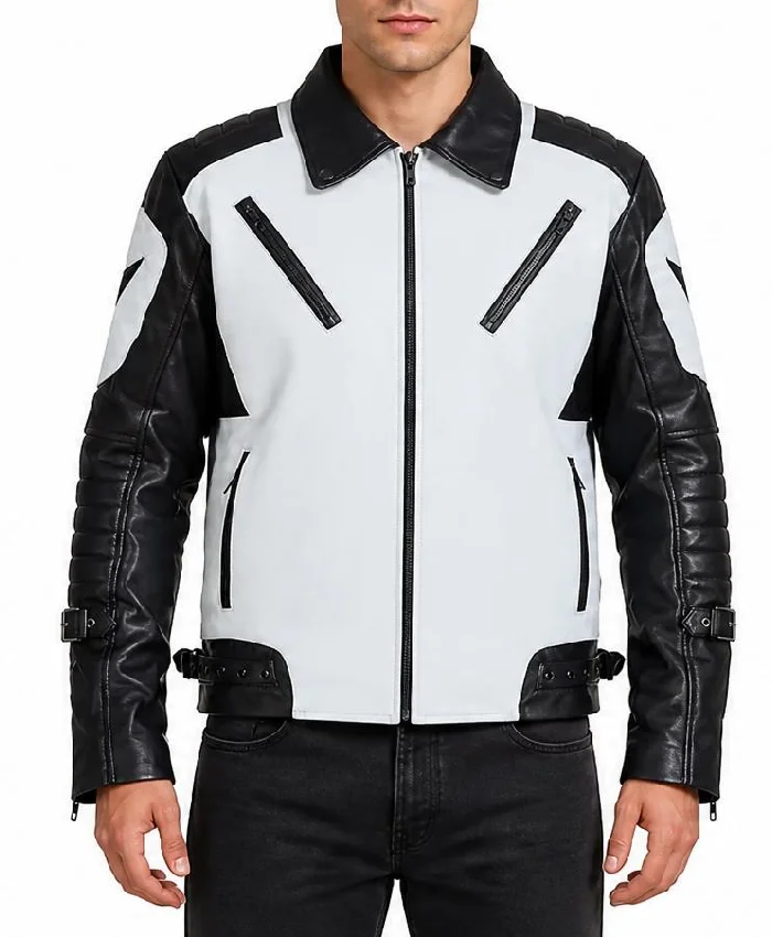 Black and White Moto Leather Jacket For Mens