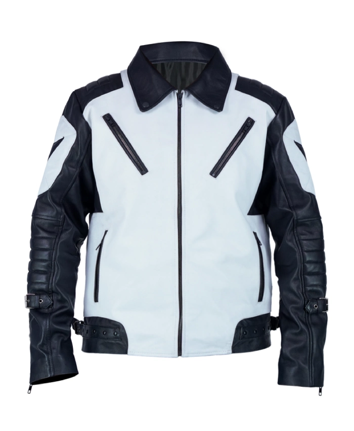 Order Black and White Zipper Leather Motorcycle Jacket