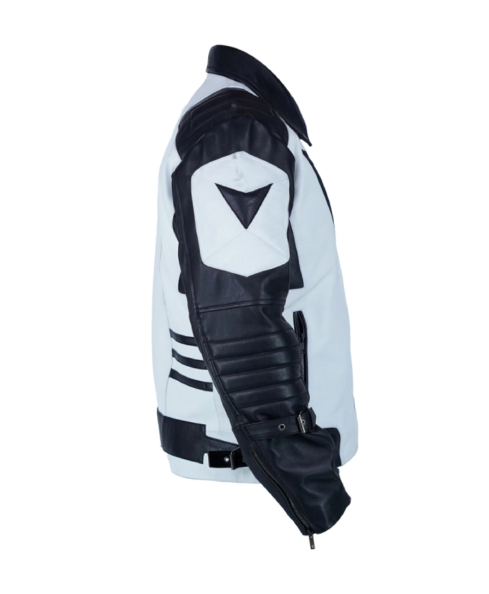 Black and White Zipper Motorcycle Leather Jacket For Sale