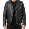 Rustline Black Leather Biker Jacket
