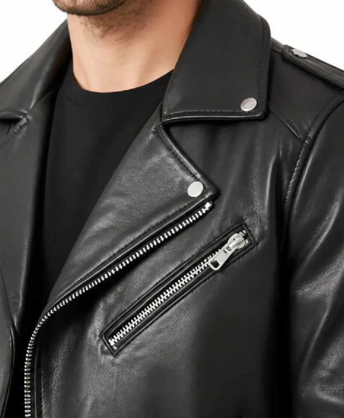 Rustline Black Leather Biker Jacket For Men