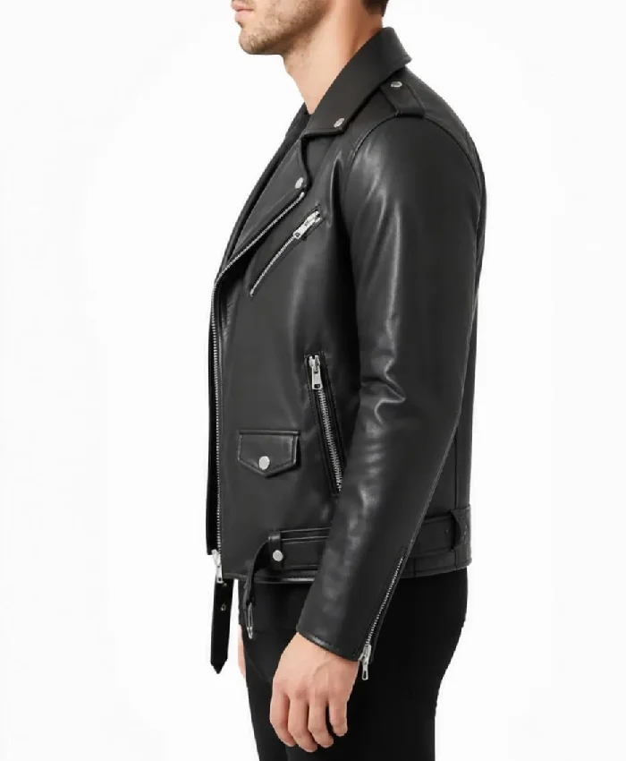 Rustline Black Leather Biker Jacket For Mens