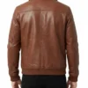 Men's Zanvek Leather Brown Bomber Jacket with Shirt Collar and Zipper Closure