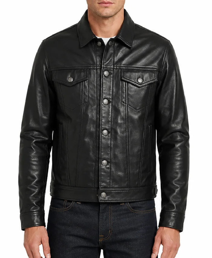 Black Leather Trucker Jacket For Men