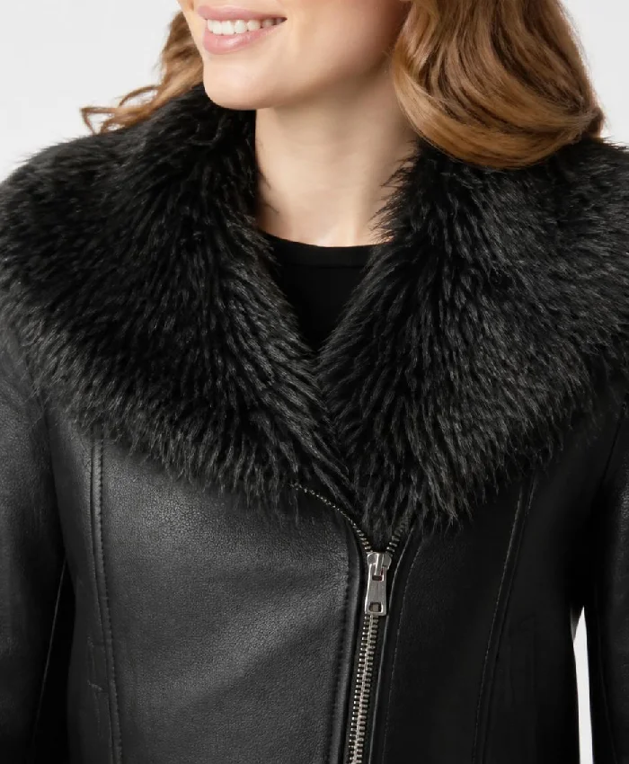 Black Leather Womens Jacket with Fur Collar