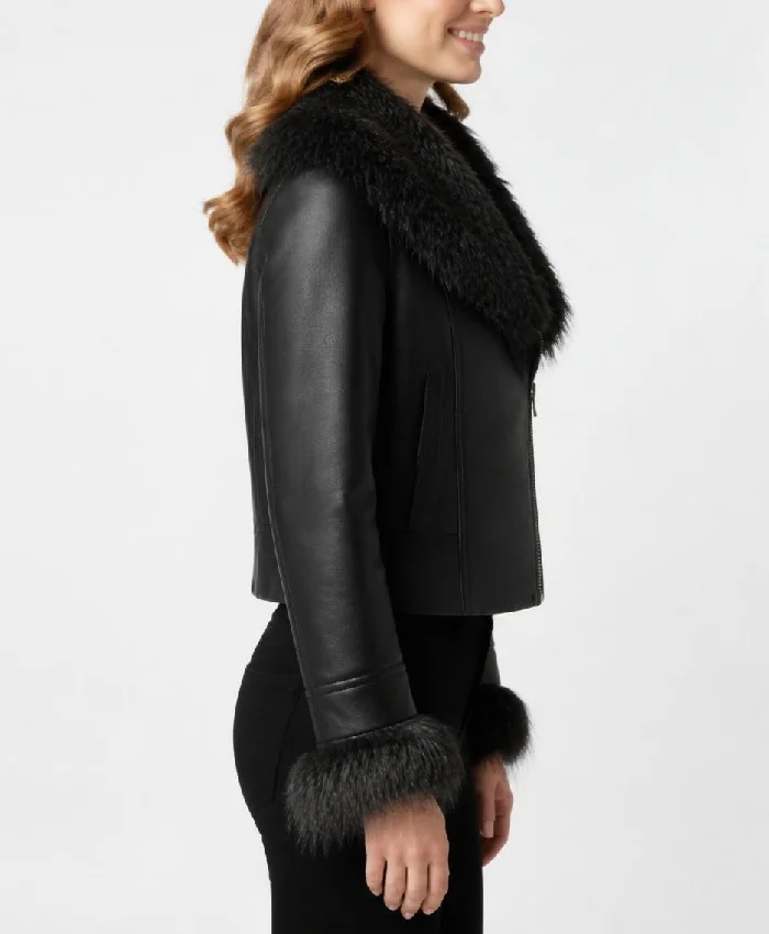 Black Womens Leather Jacket with Fur Collar