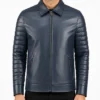 Blue Padded Sleeves Leather Jacket For Mens