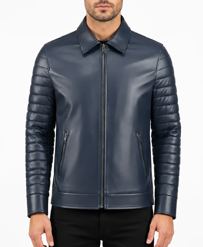 Blue Padded Sleeves Leather Jacket For Mens