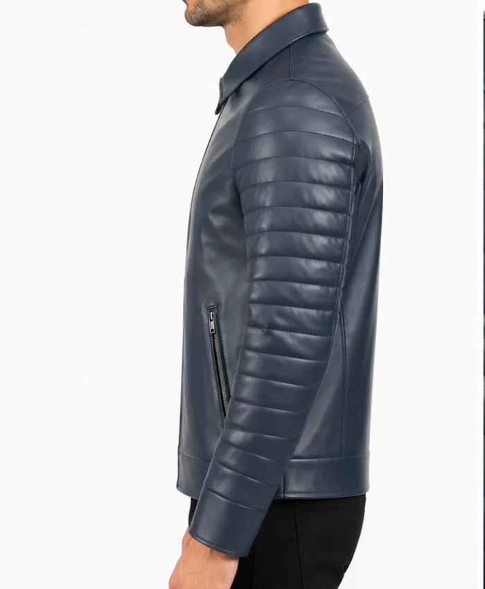 Blue Padded Sleeves Leather Jacket Mens