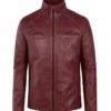 Shop Burgundy Stand-Up Collar Motorcycle Leather Jacket