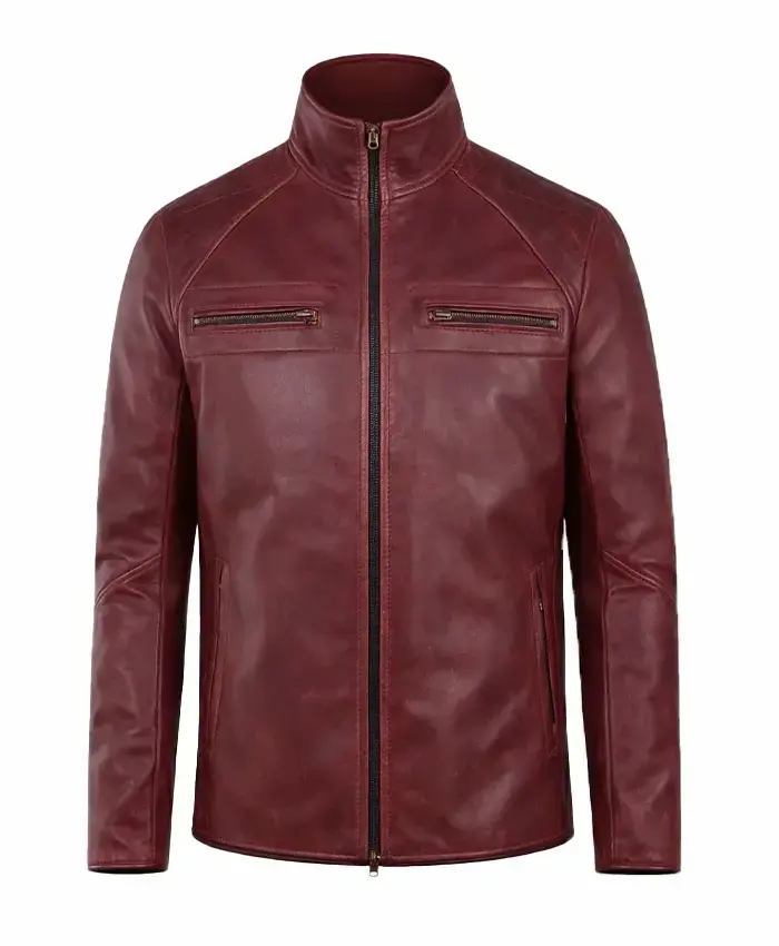 Shop Burgundy Stand-Up Collar Motorcycle Leather Jacket